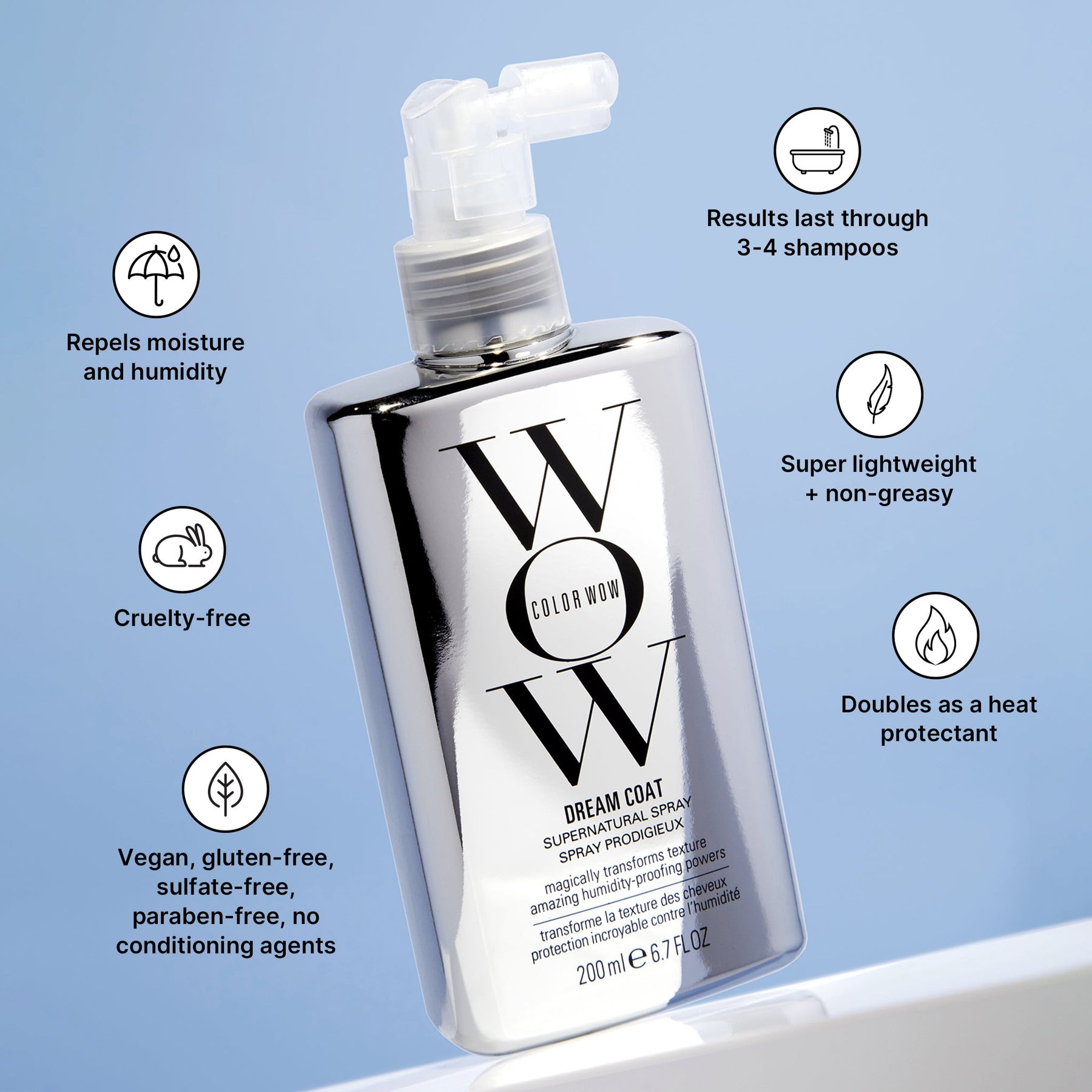 Silver bottle of Color Wow Dream Coat on a blue background, surrounded by icons stating it is vegan, cruelty-free, and effective for humidity.