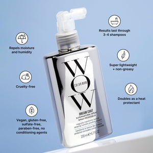 Silver bottle of Color Wow Dream Coat on a blue background, surrounded by icons stating it is vegan, cruelty-free, and effective for humidity.
